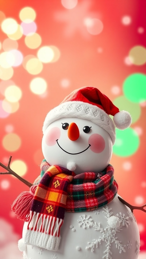 A cheerful snowman in a Santa hat with colorful lights and snowflakes for a Christmas YouTube profile picture.